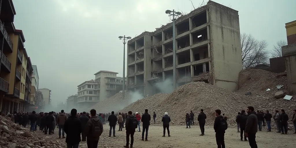 a crowd of people standing around a destroyed building in a city with a large amount of rubble and d