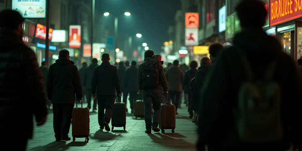 a crowd of people walking down a street at night with luggage bags on wheels and a man carrying a ch