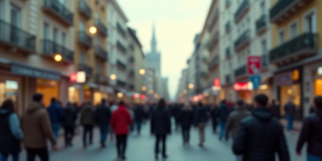 a crowded city street with people walking and walking on it's sides and buildings in the background,