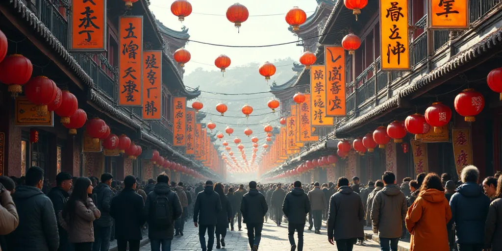 a crowded street with many people walking down it and many signs above them that say chinese charact
