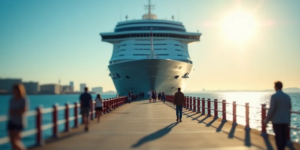 a cruise ship docked at a pier with people walking on the pier and a man walking on the pier, Conroy