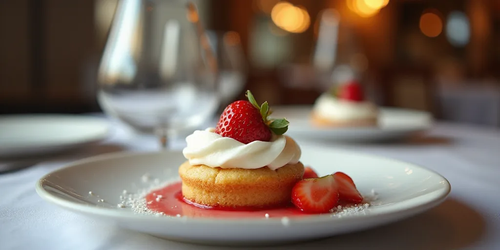 a dessert with white frosting and strawberries on a plate on a table with glasses and plates on the