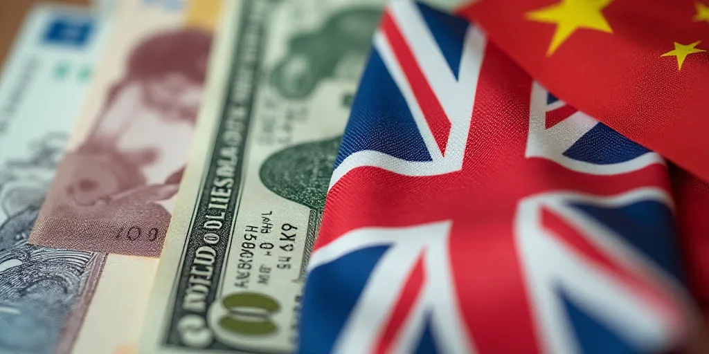 a display of currency with the flags of the countries on it and the words british pound, us dollar,