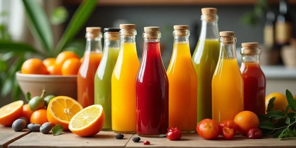 a display of various types of food in bottles and bottles of juices and condiments on a table, Cefer