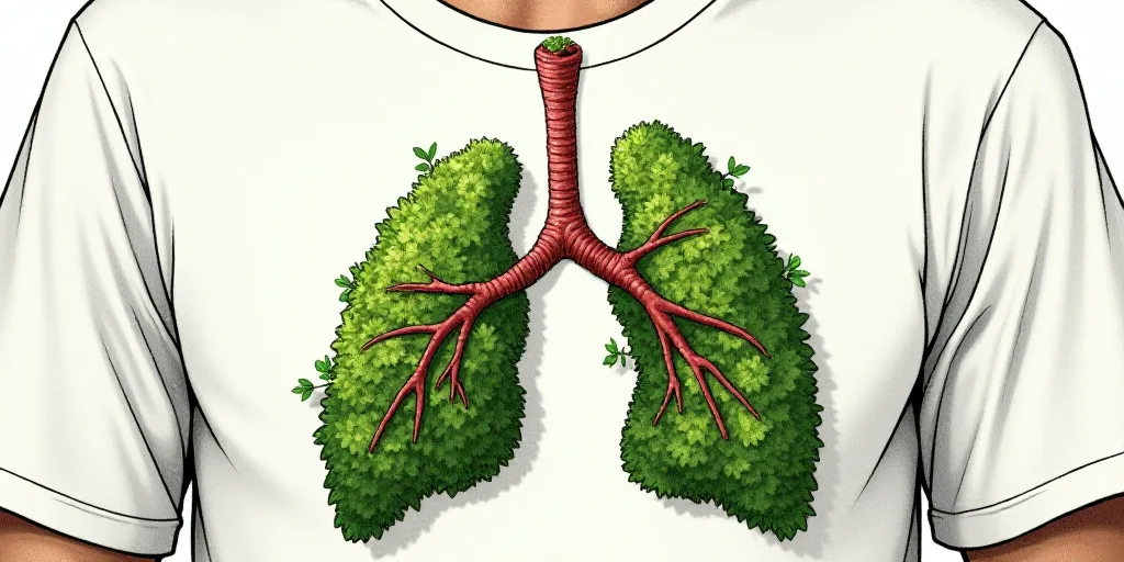 a drawing of a lung made of leaves and plants on a white shirt with a green ribbon around it, Chris