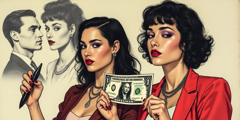 a drawing of two women holding a money bill and a knife in their hands, with a drawing of a man and