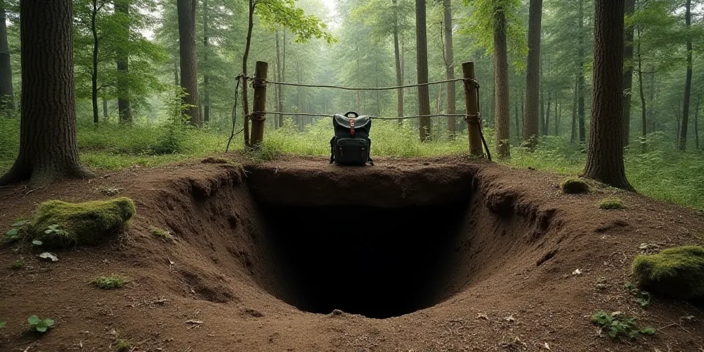 a dug out in the woods with a fence and a backpack on top of it and a backpack on the ground, Afewer