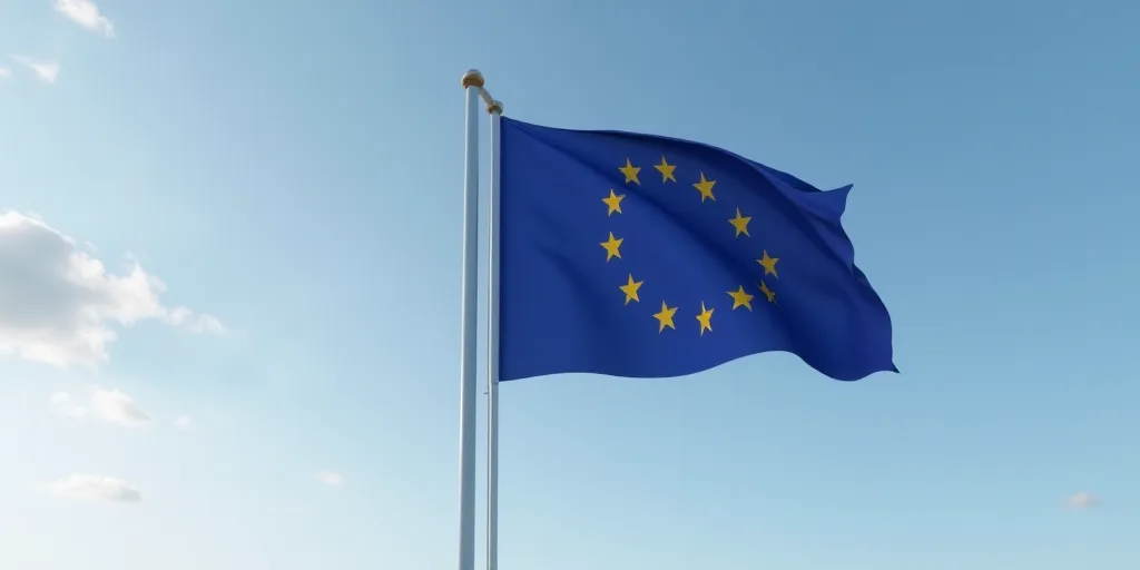 a european flag flying in the wind on a cloudy day with a blue sky in the background and a few yello
