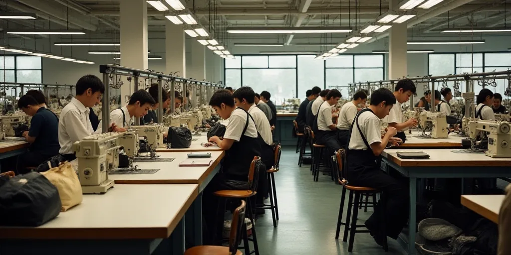 a factory with a lot of people working on sewing machines and bags on the tables and chairs in front