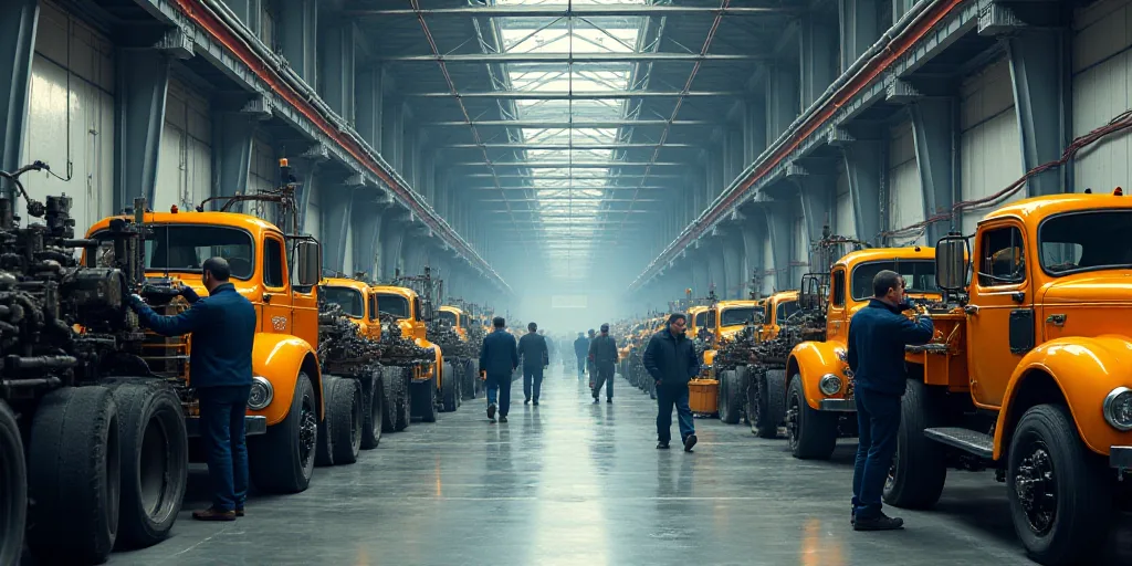 a factory with a lot of vehicles and people working on them and some men working on the machines and