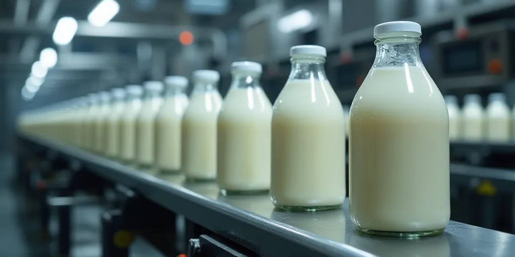 a factory with many bottles of milk on a conveyor belt and a conveyor belt with a conveyor belt, Eng