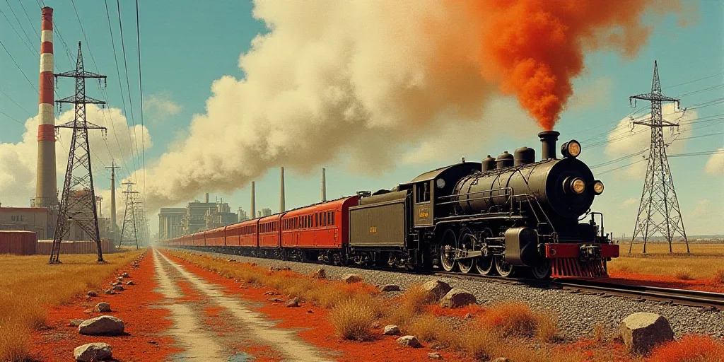 a factory with smoke stacks and power lines in the background and a train on the tracks in the foreg