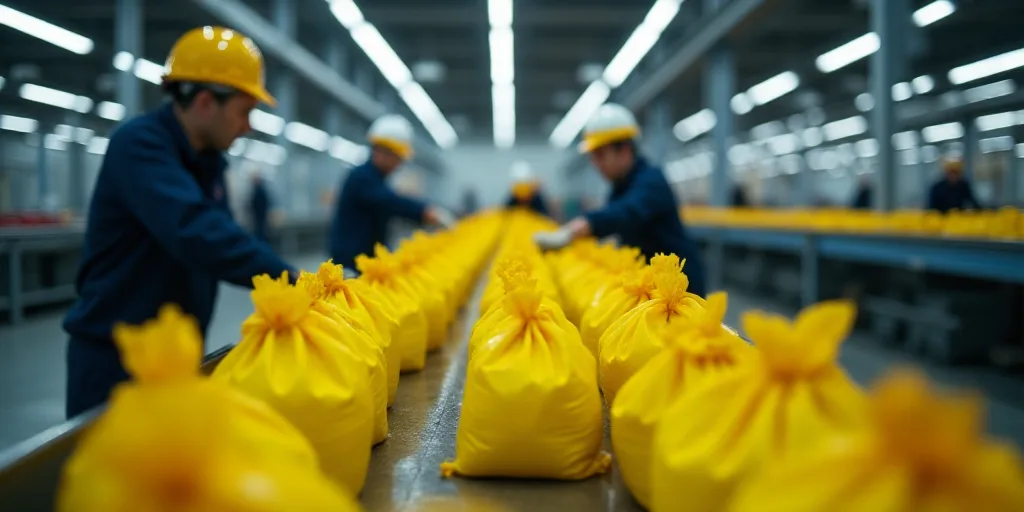 a factory with workers and yellow bags on the conveyor belt and a conveyor belt in the background, C