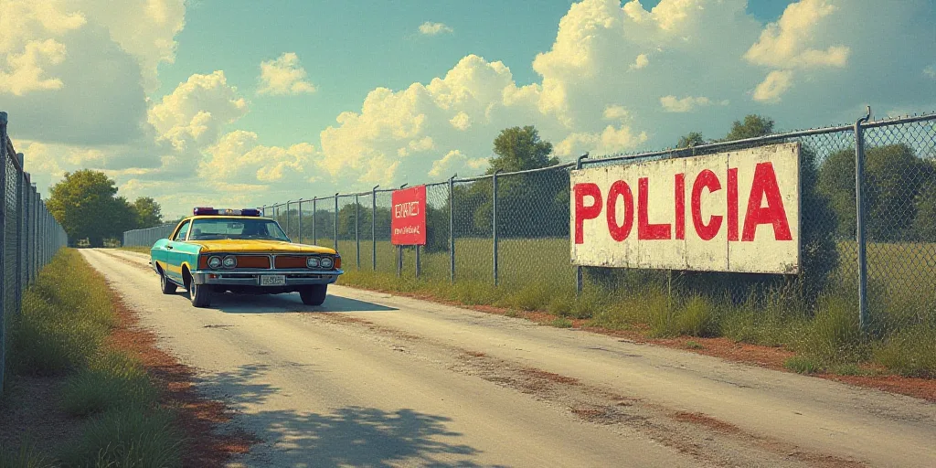 a fenced off area with a sign on it that says policia on it and a car driving by, Christo, tone mapp