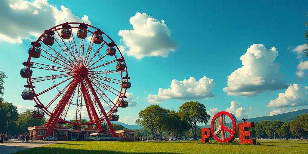 a ferris wheel and a sign that says peace in front of a park with a blue sky in the background, Fede