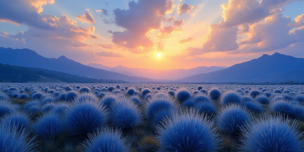 a field of blue agoea plants under a cloudy sky with mountains in the background at sunset or dawn,