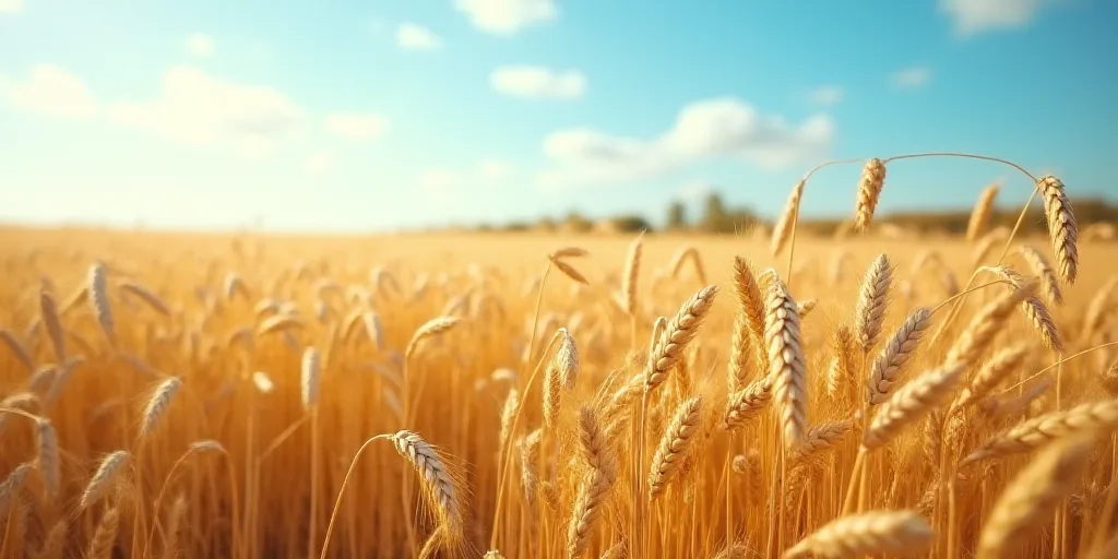 a field of wheat ready to be harvested in the fall or winter time, with a blue sky in the background