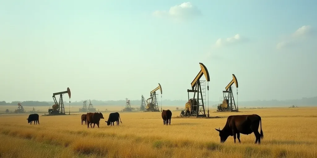 a field with oil pumps and cows grazing in the grass and a few cows grazing in the grass in the fore