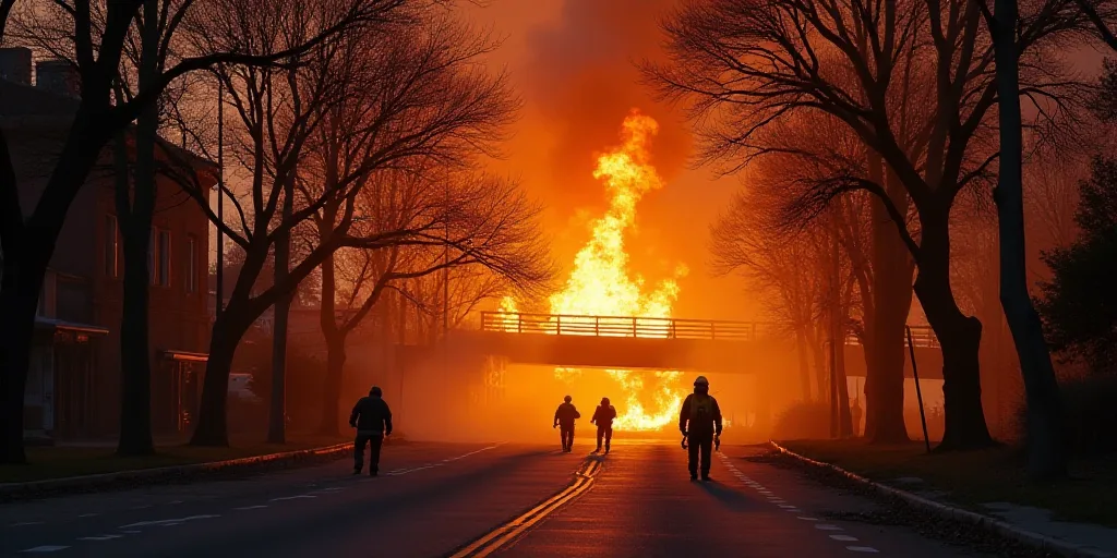 a fire is burning in the middle of a street near a bridge and trees on fire fighters stand near the