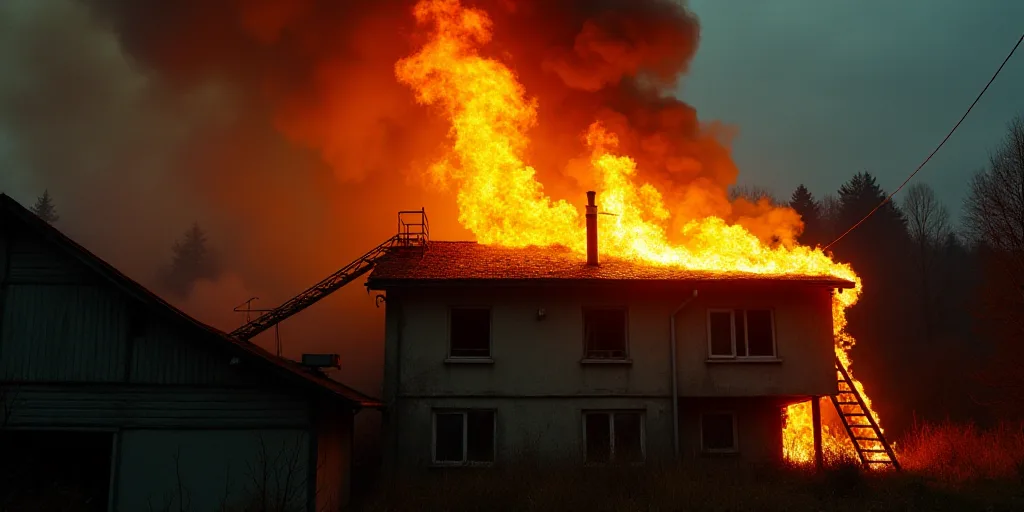 a fire is raging in a building with a ladder on it's roof and a lot of flames, Avgust Černigoj, fou