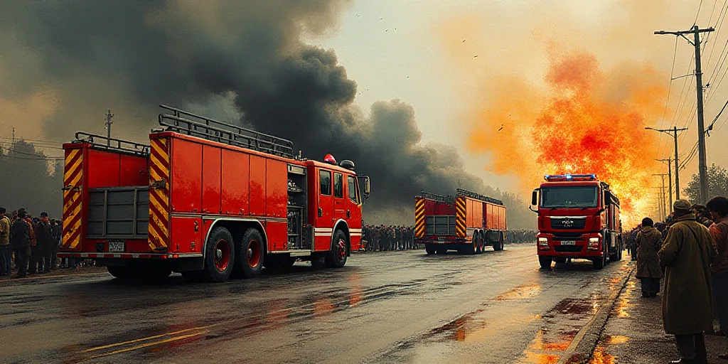 a fire truck and a fire truck are in the middle of a road with a bunch of people around, David Alfar