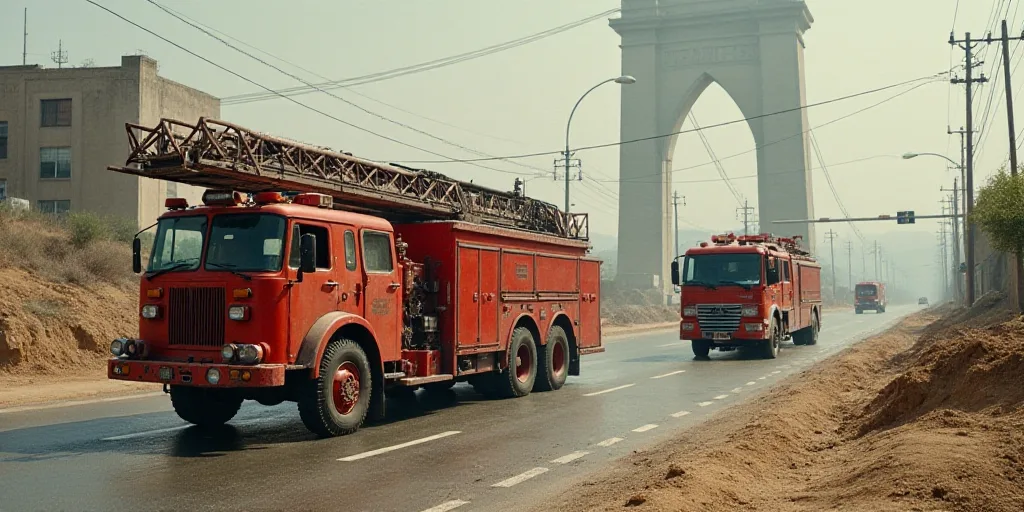 a fire truck and a firetruck are on the road near a bridge and a construction area with a fire truck