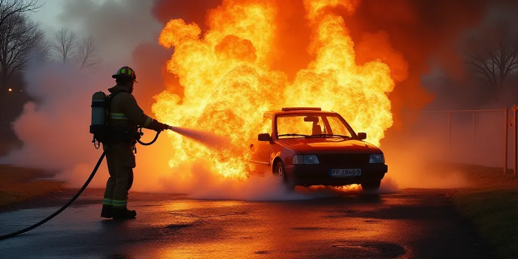 a firefighter is using a hose to extinguish a car fire that is burning in the background, Carl Gusta