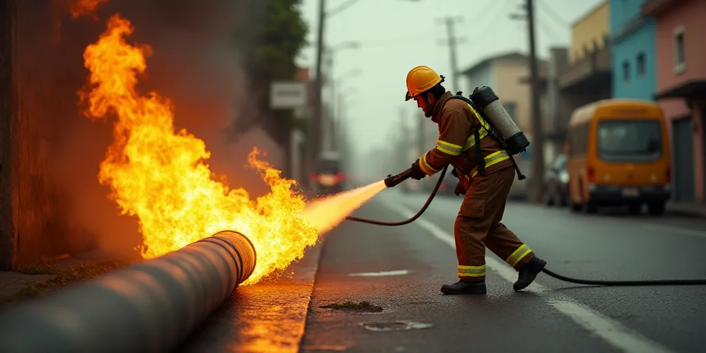 a fireman is using a hose to extinguish a fire from a pipe on a road, David Alfaro Siqueiros, turnar