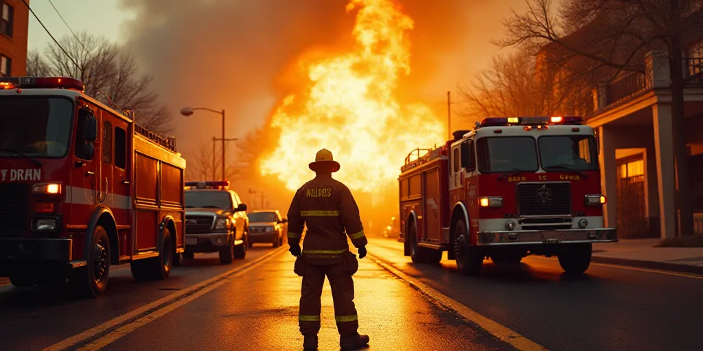 a fireman standing on a street next to a fire truck and a tanker truck and a fire truck, David Alfar