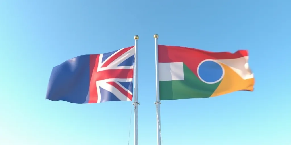 a flag and a computer logo flying side by side in the air with a blue sky in the background, Dahlov