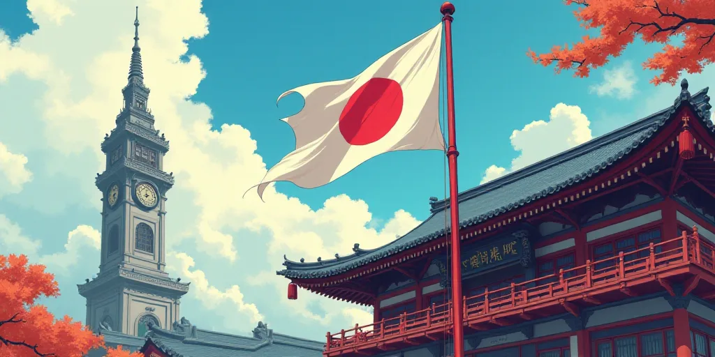a flag flying in front of a building with a clock tower in the background and a flag on the balcony,