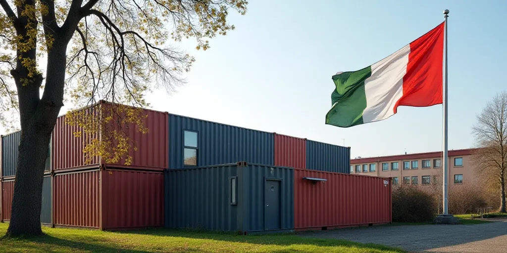 a flag flying in front of a container building with a tree in the foreground and a building with con