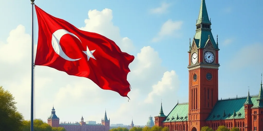a flag flying in front of a tall building with a clock tower in the background and a flag in the for