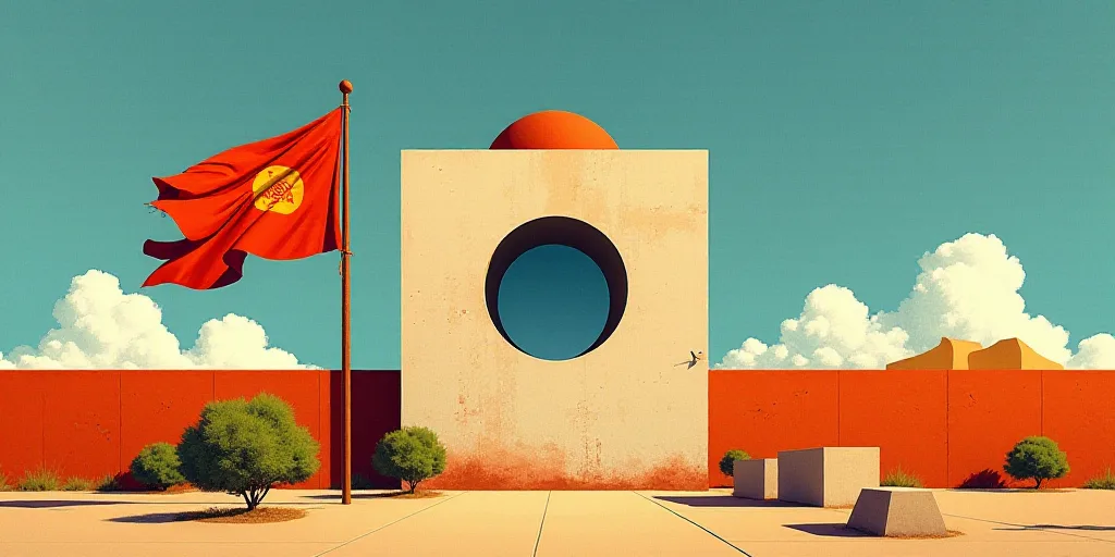 a flag flying in the wind next to a building with a sky background and a circular window in the cent