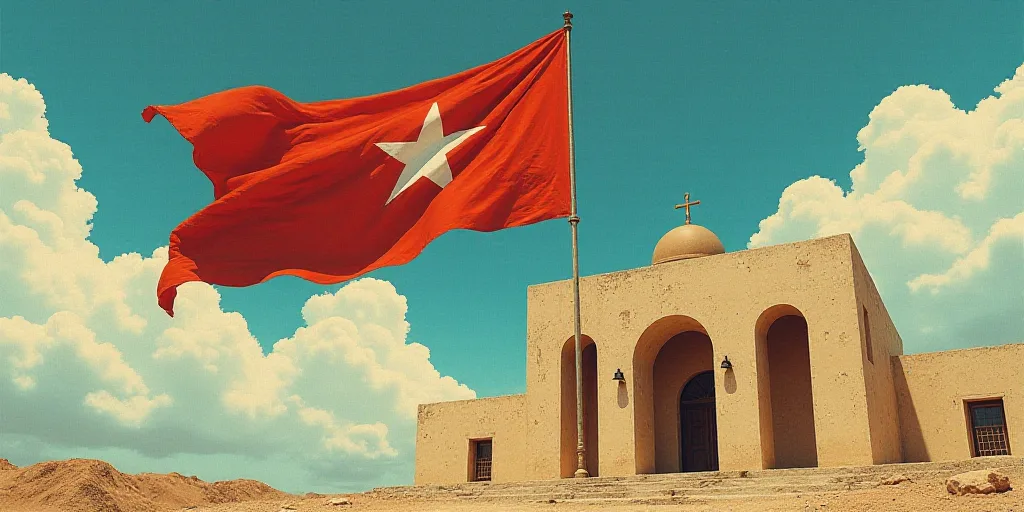 a flag flying in the wind next to a building with a sky background and clouds in the background,, Da