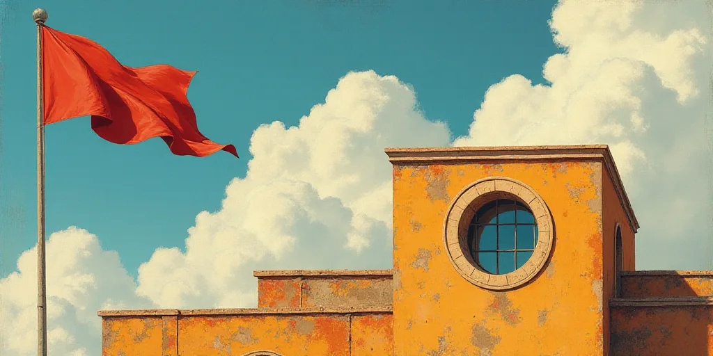 a flag flying in the wind next to a building with a sky background and a circular window in the cent