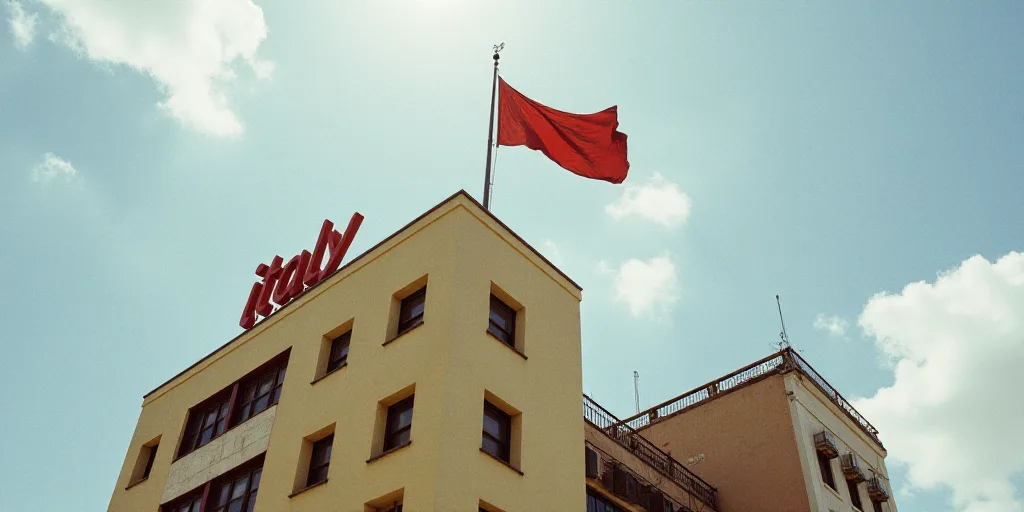a flag flying on top of a building next to a sign that says italy and a flag on top of a building, D