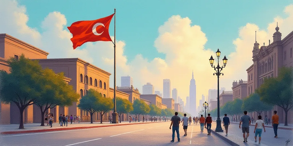 a flag is flying in the air near a building and a street light in the background with people walking