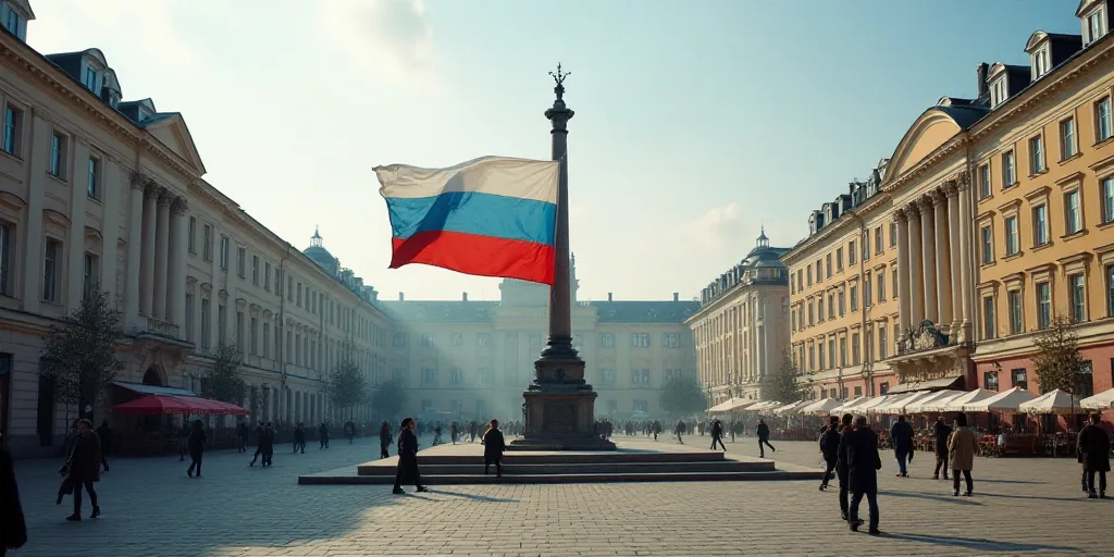 a flag is held up in a square in a city square with buildings and people walking around it,, Andrey