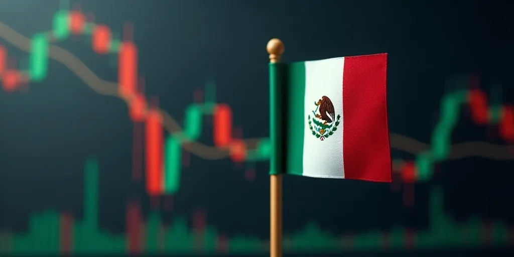 a flag on a stick with a flag of mexico on it on a stock chart background with a stock market, Aquir