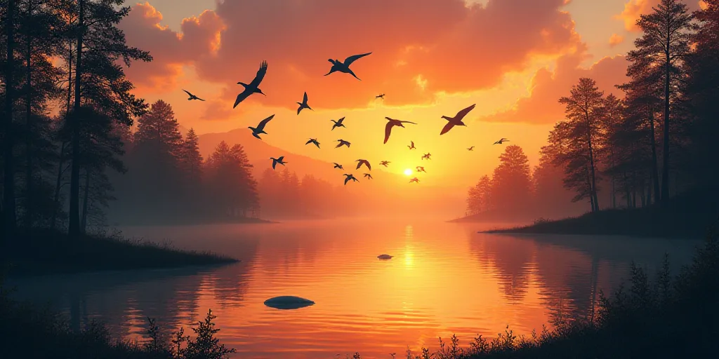 a flock of birds sitting on top of a lake next to a forest at sunset with the sun setting, David Mar