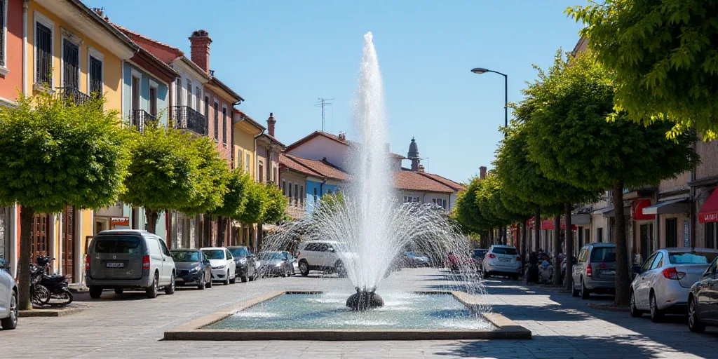 a fountain with a colorful sign in the background and a street in the foreground with cars parked on