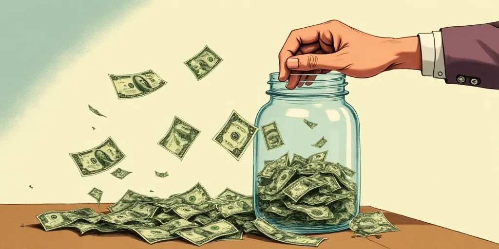a glass jar filled with money and falling into it with a hand reaching for it to grab it out, Evelyn