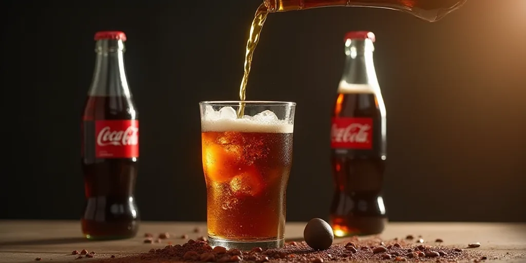 a glass of soda being poured into it with a bottle of beer in the background and a bottle of beer be