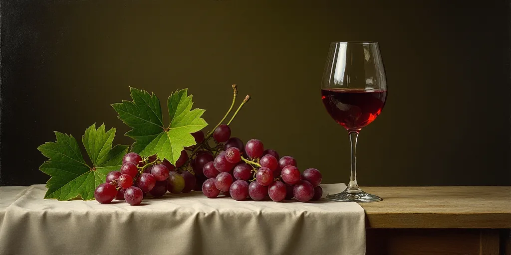 a glass of wine sitting on top of a table next to grapes and a bunch of leaves on a table, Cindy Wri