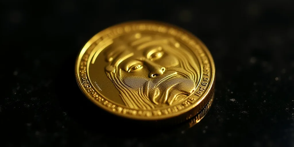 a gold coin with a face on it and a black background with a shadow of a person's head, Aquirax Uno,