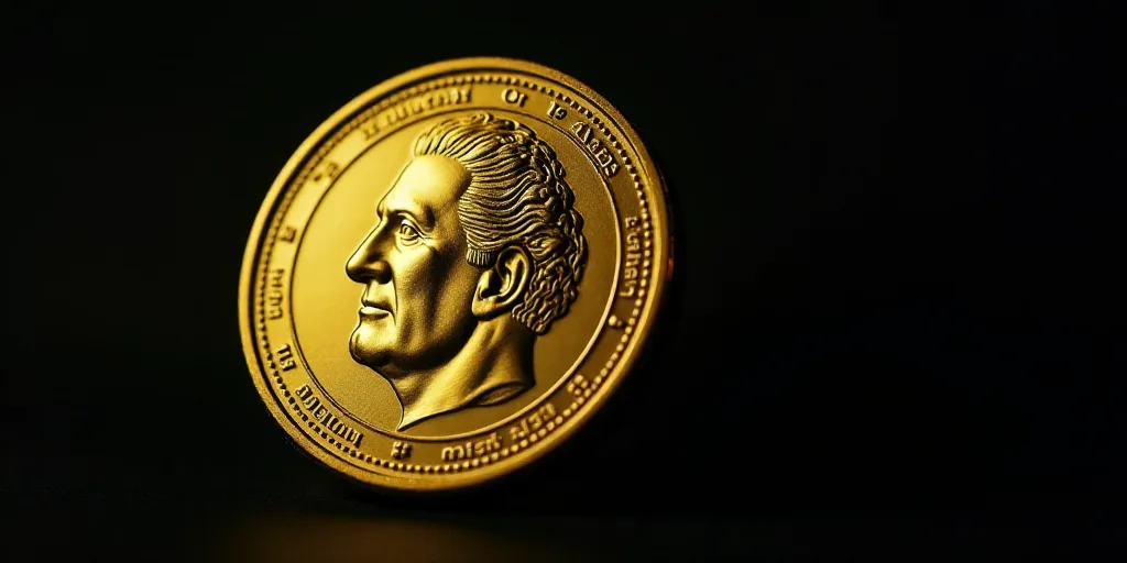 a gold coin with a face on it and a black background with a shadow of a person's head, Aquirax Uno,