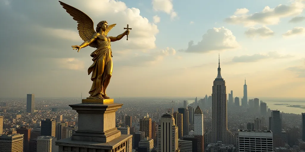 a golden statue of an angel on top of a building in a city with tall buildings in the background, Da
