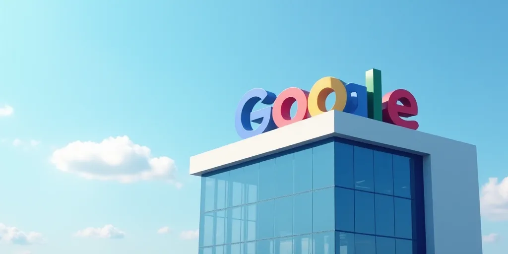 a google sign is shown on a building with a sky background in the background, and a blue sky in the