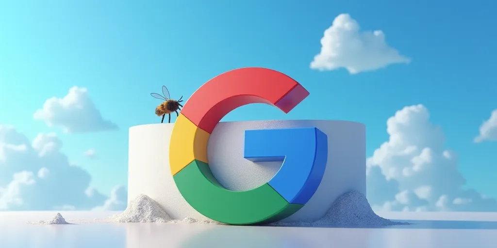 a google sign is shown on a building with a sky background in the background, and a blue sky in the